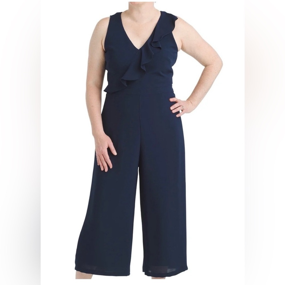 Adrianna Papell Navy V-Neck Ruffle Wide-Leg Jumpsuit size 8